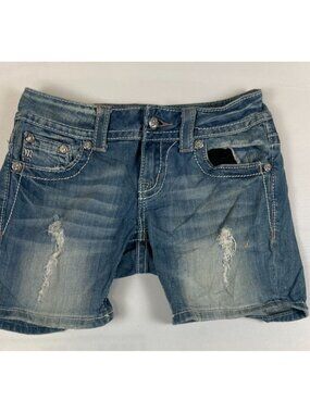 Miss Me Women 26 Blue Denim Mid Shorts Embellished Crystal Pocket Distressed